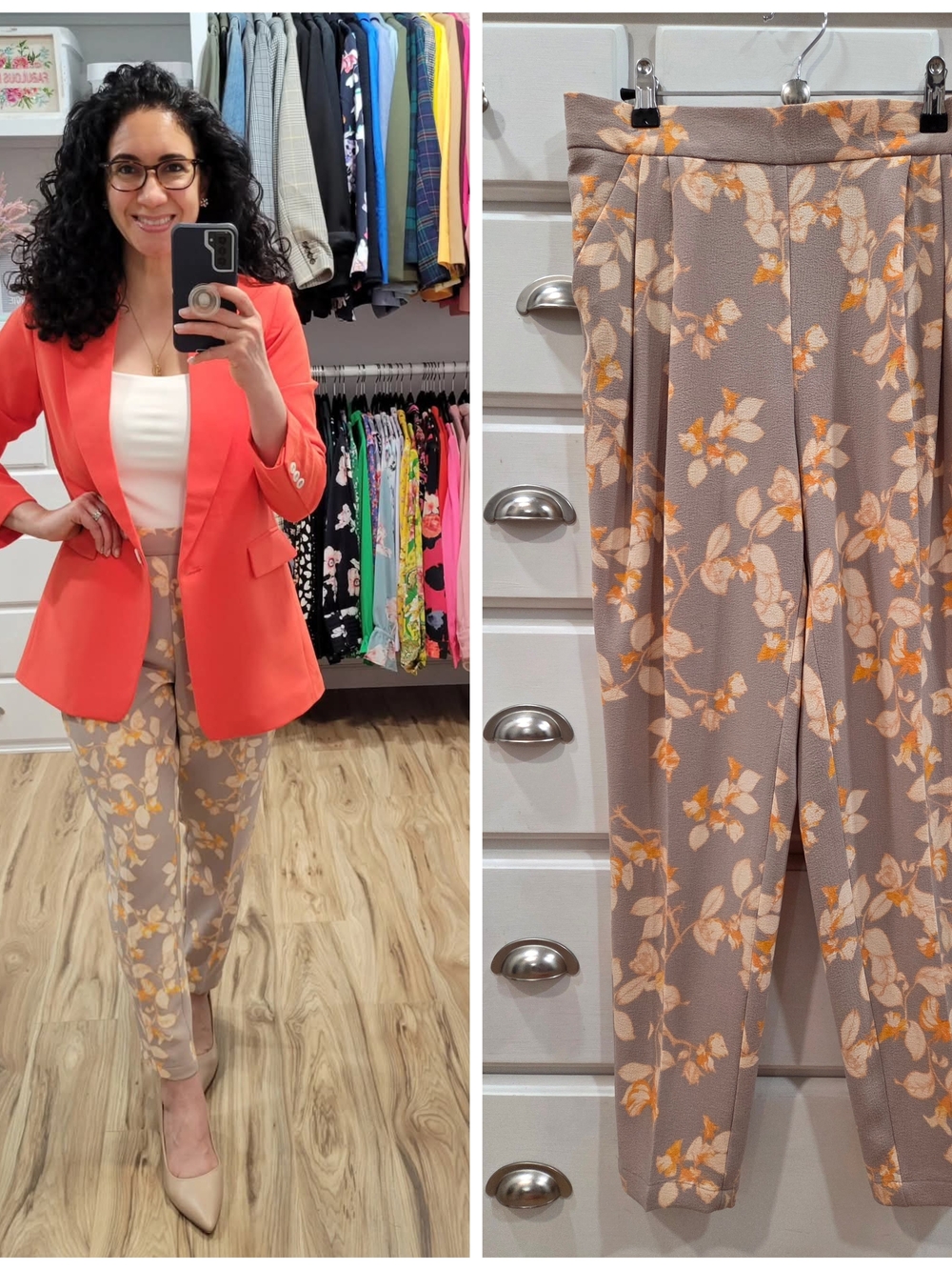 eva mendes for New York & Company Taupe Pants with Orange Floral Print